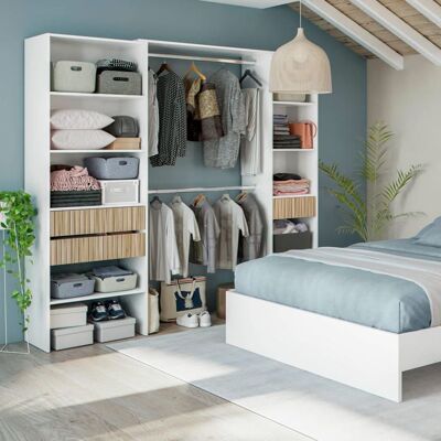 Dressing ouvert avec étagères et 3 tiroirs blanc et bois naturel - DR81008 - Blanc - Terre de Nuit Blanc - Publicité Dressing ouvert avec étagères et 3 tiroirs blanc et bois naturel - DR81008 - Blanc - Terre de Nuit Blanc - Publicité