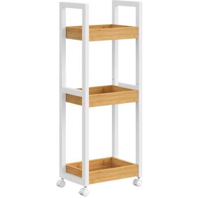 SONGMICS Étagère de salle de bain compacte avec 3 niveaux - Sur roulettes, blanc et naturel - Publicité SONGMICS Étagère de salle de bain compacte avec 3 niveaux - Sur roulettes, blanc et naturel - Publicité
