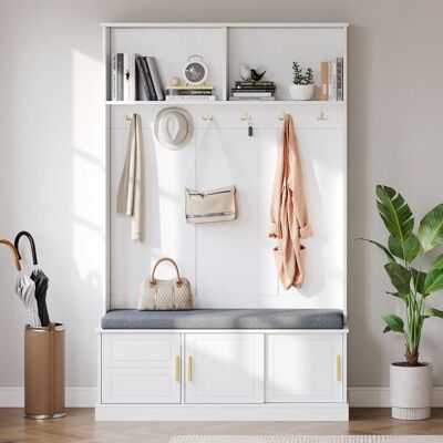 Generic Vestiaire dentrée avec Meuble a chaussures et banc Meuble entree avec 6 crochets triples Blanc 120 × 40 × 191 cm Blanc - Publicité Generic Vestiaire dentrée avec Meuble a chaussures et banc Meuble entree avec 6 crochets triples Blanc 120 × 40 × 191 cm Blanc - Publicité