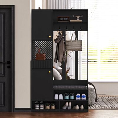 Generic Vestiaire dentrée avec Meuble a chaussures et banc Meuble entree avec 4 crochets portes et tiroirs Noir 100x35x180 cm Noir - Publicité Generic Vestiaire dentrée avec Meuble a chaussures et banc Meuble entree avec 4 crochets portes et tiroirs Noir 100x35x180 cm Noir - Publicité