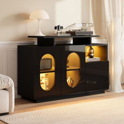 HNCBB Élégant buffet noir à LED avec portes en verre ovales et façade brillante Buffet salle a manger à un espace de rangement pratique Noir - Publicité HNCBB Élégant buffet noir à LED avec portes en verre ovales et façade brillante Buffet salle a manger à un espace de rangement pratique Noir - Publicité