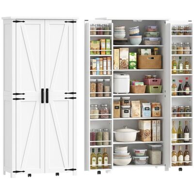 Armoire cuisine - HOMCOM - 2 portes avec roulette 6 compartiments 14 porte-racks étagères réglables - bois - 80x40x180cm - blanc Blanc - Publicité Armoire cuisine - HOMCOM - 2 portes avec roulette 6 compartiments 14 porte-racks étagères réglables - bois - 80x40x180cm - blanc Blanc - Publicité