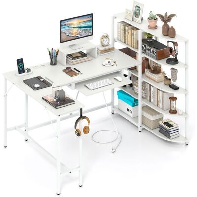 COSTWAY Bureau d’Angle L avec Étagères de Rangement - avec Multiprise et Station de Charge - Support pour Moniteur Blanc Blanc - Publicité COSTWAY Bureau d’Angle L avec Étagères de Rangement - avec Multiprise et Station de Charge - Support pour Moniteur Blanc Blanc - Publicité