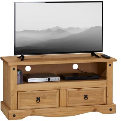 Idimex Meuble TV SALSA banc télévision de 108 cm en bois style mexicain avec 2 tiroirs et 1 niche en pin massif finition teintée/cirée Marron - Publicité Idimex Meuble TV SALSA banc télévision de 108 cm en bois style mexicain avec 2 tiroirs et 1 niche en pin massif finition teintée/cirée Marron - Publicité
