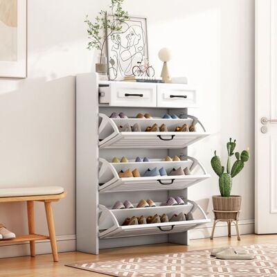 LEMONBEST Meuble à Chaussures en Bois 80x23.5x131 cm Armoire à Chaussures avec 3 Portes 2 Tiroirs de Rangement - Entrée et Salon - Blanc Blanc - Publicité LEMONBEST Meuble à Chaussures en Bois 80x23.5x131 cm Armoire à Chaussures avec 3 Portes 2 Tiroirs de Rangement - Entrée et Salon - Blanc Blanc - Publicité