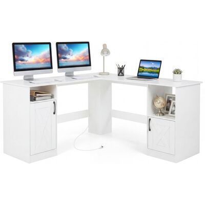 COSTWAY Bureau d’Angle en Forme de L avec Station de Charge Intégrée 2 Prises Étagères Placards de Rangement 150 x 150 x 76 cm Blanc - Publicité COSTWAY Bureau d’Angle en Forme de L avec Station de Charge Intégrée 2 Prises Étagères Placards de Rangement 150 x 150 x 76 cm Blanc - Publicité