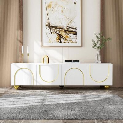 Lemonbest Meuble TV Blanc avec 4 portes structurées 170x38x44 cm Meuble bas avec pieds ronds dorés et étagères décorations dorées Blanc - Publicité Lemonbest Meuble TV Blanc avec 4 portes structurées 170x38x44 cm Meuble bas avec pieds ronds dorés et étagères décorations dorées Blanc - Publicité