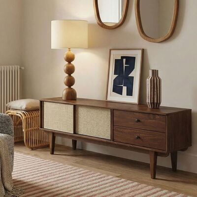 Idimex Meuble TV SIMONA L 175 cm en bois massif coloris châtaignier avec 2 Tiroirs 2 Portes Coulissantes Pour TV jusquà 75 Marron - Publicité Idimex Meuble TV SIMONA L 175 cm en bois massif coloris châtaignier avec 2 Tiroirs 2 Portes Coulissantes Pour TV jusquà 75 Marron - Publicité