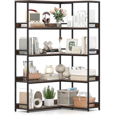 Bibliothèque en L 180cm à 5 Niveaux COSTWAY Cadre en Métal Kits Anti-basculement Étagère dAngle pour Salon BureauBrun Rustique Marron - Publicité Bibliothèque en L 180cm à 5 Niveaux COSTWAY Cadre en Métal Kits Anti-basculement Étagère dAngle pour Salon BureauBrun Rustique Marron - Publicité