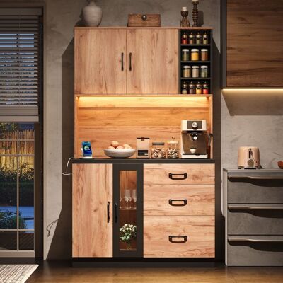 LEMLIT Buffet de cuisine LED 105x40x180 cm armoire haute avec éclairage LED 3 tiroirs étagères réglables et prises USB - effet bois noir Marron - Publicité LEMLIT Buffet de cuisine LED 105x40x180 cm armoire haute avec éclairage LED 3 tiroirs étagères réglables et prises USB - effet bois noir Marron - Publicité