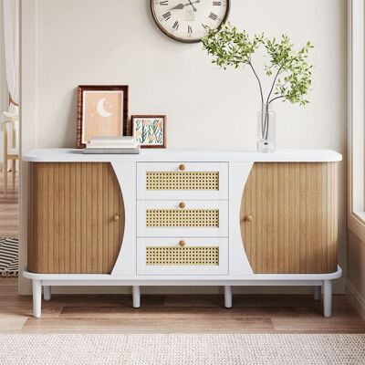 MERAX Buffet Blanc et Bois 140 cm avec 3 Tiroirs Cannage 2 Portes Coulissantes Étagères Réglables – Meuble Salon Salle à Manger Marron - Publicité MERAX Buffet Blanc et Bois 140 cm avec 3 Tiroirs Cannage 2 Portes Coulissantes Étagères Réglables – Meuble Salon Salle à Manger Marron - Publicité