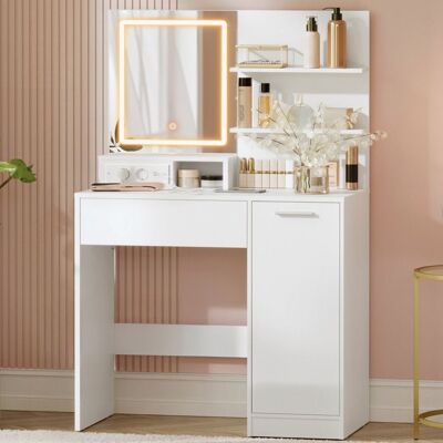 VASAGLE Coiffeuse avec Miroir LED multiprise Compartiment avec 2 Étagères Tiroir et porte 2 Étagères Coin Beauté Moderne Blanc Blanc - Publicité VASAGLE Coiffeuse avec Miroir LED multiprise Compartiment avec 2 Étagères Tiroir et porte 2 Étagères Coin Beauté Moderne Blanc Blanc - Publicité