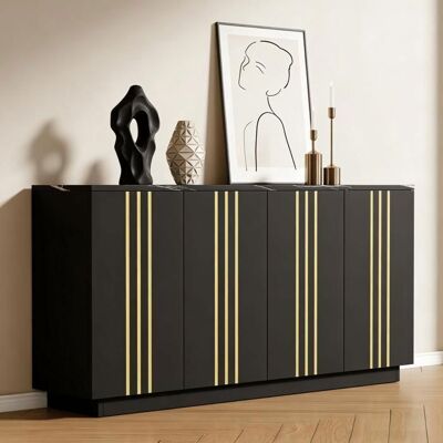 KAL'ANWEI Commode chambre L 140 cm en bois massif Buffet Moderne 4 Portes - Noir - Étagères Amovibles - Détails Dorés Noir - Publicité KAL'ANWEI Commode chambre L 140 cm en bois massif Buffet Moderne 4 Portes - Noir - Étagères Amovibles - Détails Dorés Noir - Publicité
