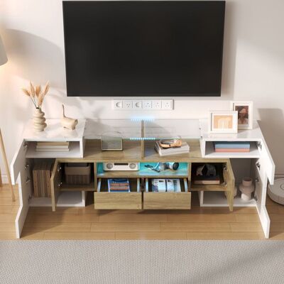 VERELAE Meuble Tv Moderne 145x30x51cm avec éClairage LED Meuble Tv Classique avec Surface en Verre Meubles de Salon Blanc + Couleur Bois Blanc - Publicité VERELAE Meuble Tv Moderne 145x30x51cm avec éClairage LED Meuble Tv Classique avec Surface en Verre Meubles de Salon Blanc + Couleur Bois Blanc - Publicité