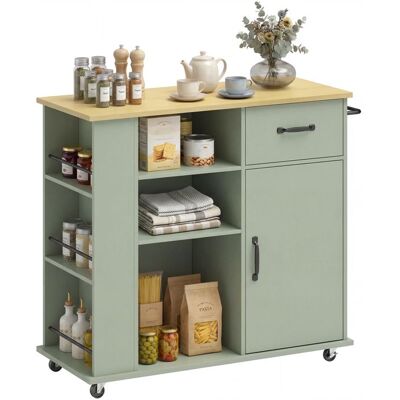 Desserte de cuisine - HOMCOM - sur roulettes - tiroir porte compartiments ouverts et porte-épices - bois - 965x38x87cm - vert Vert - Publicité Desserte de cuisine - HOMCOM - sur roulettes - tiroir porte compartiments ouverts et porte-épices - bois - 965x38x87cm - vert Vert - Publicité