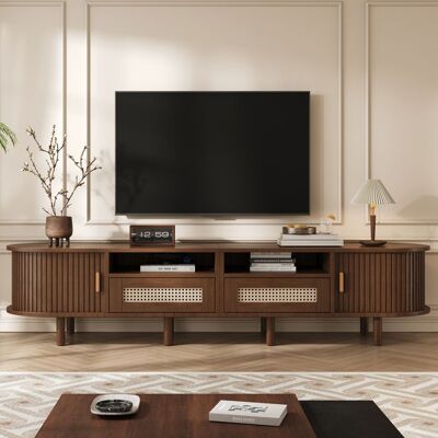 MODERNLUXE Meuble TV 170x40x40cm - Avec 2 tiroirs en rotin - 2 portes coulissantes - MDF - Marron - Publicité MODERNLUXE Meuble TV 170x40x40cm - Avec 2 tiroirs en rotin - 2 portes coulissantes - MDF - Marron - Publicité