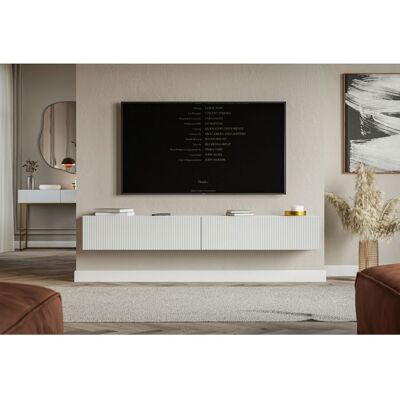 SELSEY Meuble TV mural avec façades à lamelles rainurées – VELDIO – 200 cm – blanc Blanc - Publicité SELSEY Meuble TV mural avec façades à lamelles rainurées – VELDIO – 200 cm – blanc Blanc - Publicité