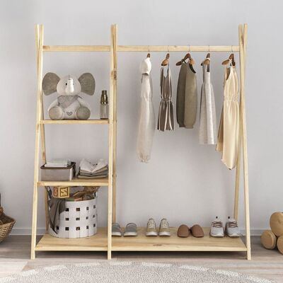 Idimex Penderie enfant LOTTE avec 3 étagères Montessori en bois massif coloris naturel 108x115x47 cm idéale pour garde-robe compact Marron - Publicité Idimex Penderie enfant LOTTE avec 3 étagères Montessori en bois massif coloris naturel 108x115x47 cm idéale pour garde-robe compact Marron - Publicité