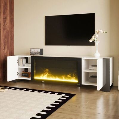OEM Meuble TV meuble bas avec cheminée électrique à effet flamme sans chauffage finition brillante meuble TV de couleur assortie Blanc - Publicité OEM Meuble TV meuble bas avec cheminée électrique à effet flamme sans chauffage finition brillante meuble TV de couleur assortie Blanc - Publicité