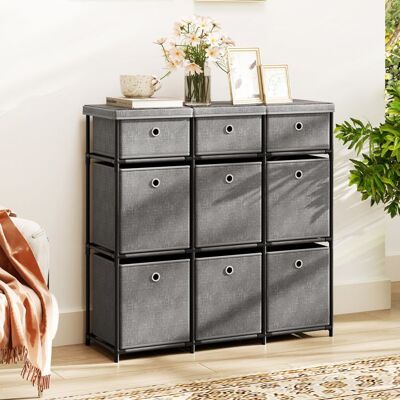 COSTWAY Commode à 9 Tiroirs Tissu avec Structure Métallique et Bacs en Tissu Pliables pour Salon Entrée 87 x 28 x 84 cm Gris - Publicité COSTWAY Commode à 9 Tiroirs Tissu avec Structure Métallique et Bacs en Tissu Pliables pour Salon Entrée 87 x 28 x 84 cm Gris - Publicité