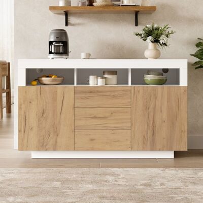 VEPSSDER Buffet contemporain meuble de rangement avec 3 tiroirs et 2 portes aspect bois naturel + blanc 140 × 40 × 85 cm Blanc - Publicité VEPSSDER Buffet contemporain meuble de rangement avec 3 tiroirs et 2 portes aspect bois naturel + blanc 140 × 40 × 85 cm Blanc - Publicité