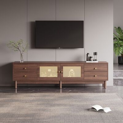 Blueline Eco - friendly Material armoire TV en bois sombre de 180cm de long avec deux portes en rotin quatre tiroirs gestion des câbles Marron - Publicité Blueline Eco - friendly Material armoire TV en bois sombre de 180cm de long avec deux portes en rotin quatre tiroirs gestion des câbles Marron - Publicité