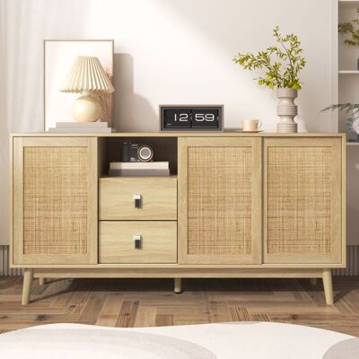 Merax Buffet Bas Scandinave avec 3 Portes Coulissantes en Cannage et 2 Tiroirs - 155x38x80 cm en Bois - stable et polyvalent Marron - Publicité Merax Buffet Bas Scandinave avec 3 Portes Coulissantes en Cannage et 2 Tiroirs - 155x38x80 cm en Bois - stable et polyvalent Marron - Publicité