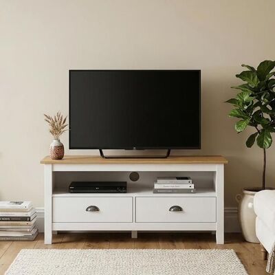 Idimex Meuble TV CAMPO L 110 cm avec 2 Tiroirs et 1 Niche en Bois Massif Couleur Blanc et Brun Style Campagne Pour Téléviseurs jusquà 47 Blanc - Publicité Idimex Meuble TV CAMPO L 110 cm avec 2 Tiroirs et 1 Niche en Bois Massif Couleur Blanc et Brun Style Campagne Pour Téléviseurs jusquà 47 Blanc - Publicité