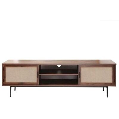 CALICOSY - Meuble TV décor noyer avec façades en tissu L140 cm JETSON - Bois foncé Marron - Publicité CALICOSY - Meuble TV décor noyer avec façades en tissu L140 cm JETSON - Bois foncé Marron - Publicité
