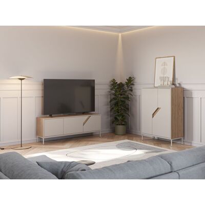 Meuble TV LILOU - Chêne Artisan & Crème - 3 portes - 150 x 35 x 55 cm Beige - Publicité Meuble TV LILOU - Chêne Artisan & Crème - 3 portes - 150 x 35 x 55 cm Beige - Publicité