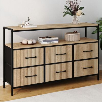 IDMARKET Commode 6 tiroirs en tissu UTAH 115 CM avec niche effet lattes meuble de rangement design industriel Marron - Publicité IDMARKET Commode 6 tiroirs en tissu UTAH 115 CM avec niche effet lattes meuble de rangement design industriel Marron - Publicité