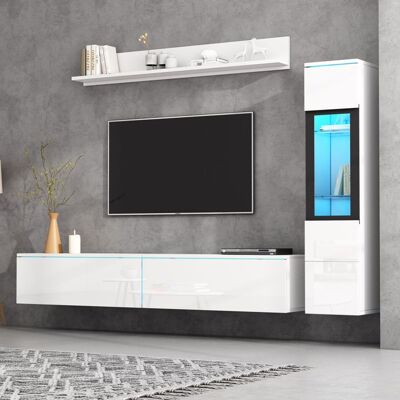 Blueline TV mural Set de 3 pièces LED éclairage haute lumière blanc salon meubles set mur avant blanc 1 x armoire TV 1 x vitrine de salon Blanc - Publicité Blueline TV mural Set de 3 pièces LED éclairage haute lumière blanc salon meubles set mur avant blanc 1 x armoire TV 1 x vitrine de salon Blanc - Publicité