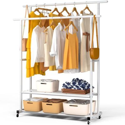 VOUNOT® Portant à Vêtements Double Tringle avec Roulettes et 2 Étagères de Rangement - 120x40x146cm - Blanc Blanc - Publicité VOUNOT® Portant à Vêtements Double Tringle avec Roulettes et 2 Étagères de Rangement - 120x40x146cm - Blanc Blanc - Publicité