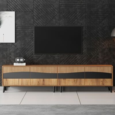 MERAX Meuble TV en Bois Naturel et Noir 180 x 40 x 50 cm avec 4 Rangements et 8 Pieds Compatible TV 75 Marron - Publicité MERAX Meuble TV en Bois Naturel et Noir 180 x 40 x 50 cm avec 4 Rangements et 8 Pieds Compatible TV 75 Marron - Publicité