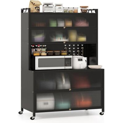 COSTWAY Buffet de Cuisine à Roues à 6 Niveaux Plan de Travail pour Micro-ondes Portes Battantes Crochets Pieds Ajustables Noir Noir - Publicité COSTWAY Buffet de Cuisine à Roues à 6 Niveaux Plan de Travail pour Micro-ondes Portes Battantes Crochets Pieds Ajustables Noir Noir - Publicité