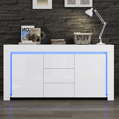 MERAX Buffet Moderne Blanc Brillant avec LED 3 Tiroirs et 2 Portes Meuble de Rangement pour Salon ou Bureau 140 x 40 x 65 cm Blanc - Publicité MERAX Buffet Moderne Blanc Brillant avec LED 3 Tiroirs et 2 Portes Meuble de Rangement pour Salon ou Bureau 140 x 40 x 65 cm Blanc - Publicité