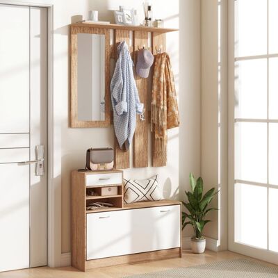 Generic Meuble dentrée vestiaire avec panneau porte-manteau miroir et banc à chaussures - 6 crochets et étagère réglable Blanc - Publicité Generic Meuble dentrée vestiaire avec panneau porte-manteau miroir et banc à chaussures - 6 crochets et étagère réglable Blanc - Publicité