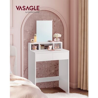Coiffeuse - VASAGLE - avec Grand Miroir - 2 Tiroirs - 3 Compartiments - Blanc Blanc - Publicité Coiffeuse - VASAGLE - avec Grand Miroir - 2 Tiroirs - 3 Compartiments - Blanc Blanc - Publicité