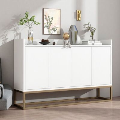 Commode de rangement - Modèle sans poignée - 4 portes - Bois massif - Cadre doré - Blanc Blanc - Publicité Commode de rangement - Modèle sans poignée - 4 portes - Bois massif - Cadre doré - Blanc Blanc - Publicité