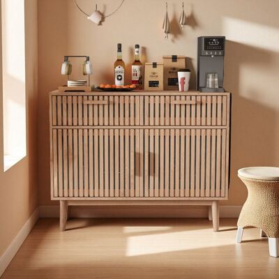 Buffet - Design Moderne - Bois Massif - 2 Portes - 2 Tiroirs - Sécurité Enfant Marron - Publicité Buffet - Design Moderne - Bois Massif - 2 Portes - 2 Tiroirs - Sécurité Enfant Marron - Publicité
