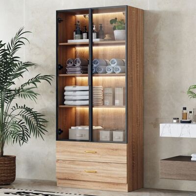 MERAX Meuble de Rangement avec Vitrine Moderne - avec Éclairage LED Portes Vitrées 2 Tiroirs et 2 Portes - Couleur Bois Naturel Marron - Publicité MERAX Meuble de Rangement avec Vitrine Moderne - avec Éclairage LED Portes Vitrées 2 Tiroirs et 2 Portes - Couleur Bois Naturel Marron - Publicité