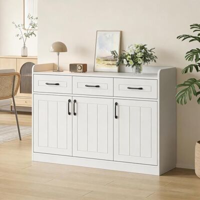 Buffet bas - LEMONBEST - 120 x 35 x 80 cm - 3 tiroirs - 3 portes à rayures - Blanc Blanc - Publicité Buffet bas - LEMONBEST - 120 x 35 x 80 cm - 3 tiroirs - 3 portes à rayures - Blanc Blanc - Publicité