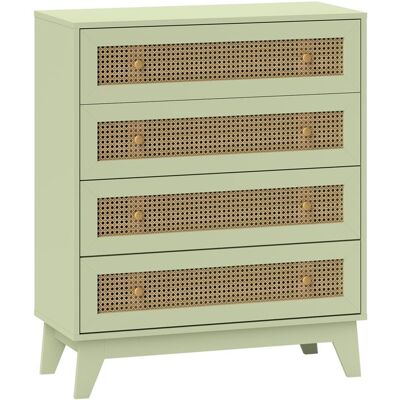 Commode - HOMCOM - 4 tiroirs meuble de rangement cannage en rotin mobilier chambre - bois - 80x35x95cm - aspect bois clair et vert Vert - Publicité Commode - HOMCOM - 4 tiroirs meuble de rangement cannage en rotin mobilier chambre - bois - 80x35x95cm - aspect bois clair et vert Vert - Publicité