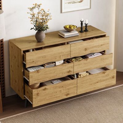 Merax Commode à 6 Tiroirs Chambre - Bois Naturel - Meuble de Rangement Salon Salle à Manger – 120x40x755 cm Marron - Publicité Merax Commode à 6 Tiroirs Chambre - Bois Naturel - Meuble de Rangement Salon Salle à Manger – 120x40x755 cm Marron - Publicité