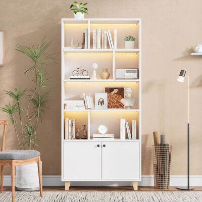 MERAX Bibliothèque LED 173 cm Blanche avec Portes et 7 Étagères Meuble de Rangement Moderne avec Pieds en Bois Massif Blanc - Publicité MERAX Bibliothèque LED 173 cm Blanche avec Portes et 7 Étagères Meuble de Rangement Moderne avec Pieds en Bois Massif Blanc - Publicité