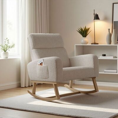 ADWOLT Fauteuil à Bascule Rocking Chair avec rangement de poche Chaise à Bascule avec Pieds en Bois Massif Style Scandinave Beige Beige - Publicité ADWOLT Fauteuil à Bascule Rocking Chair avec rangement de poche Chaise à Bascule avec Pieds en Bois Massif Style Scandinave Beige Beige - Publicité