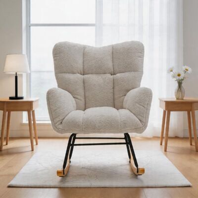 PAGE LIVING Fauteuil à bascule - Mid Century - Tissu Teddy tufté - Structure bois massif & base métal - Blanc Blanc - Publicité PAGE LIVING Fauteuil à bascule - Mid Century - Tissu Teddy tufté - Structure bois massif & base métal - Blanc Blanc - Publicité