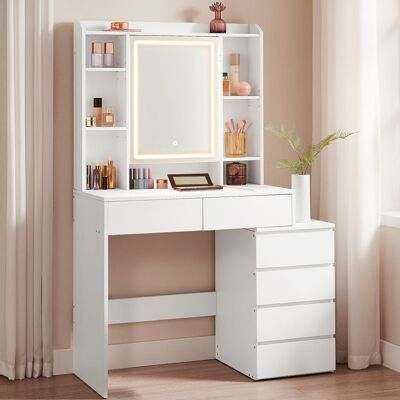 VASAGLE Coiffeuse Grand Miroir LED à Luminosité Réglable Compartiments Ouverts L-80cm Étagères Réglables Blanc Blanc - Publicité VASAGLE Coiffeuse Grand Miroir LED à Luminosité Réglable Compartiments Ouverts L-80cm Étagères Réglables Blanc Blanc - Publicité