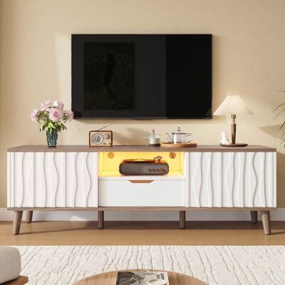 Meuble TV - LEMONBEST - 160 x 40 x 52 cm - LED RGB contrôlable - 2 portes coulissantes - Blanc & Noyer foncé Blanc - Publicité Meuble TV - LEMONBEST - 160 x 40 x 52 cm - LED RGB contrôlable - 2 portes coulissantes - Blanc & Noyer foncé Blanc - Publicité