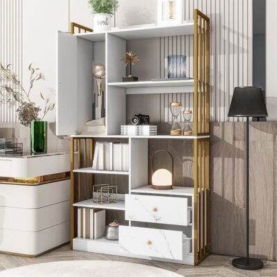 DRIPEX Bibliothèque Design-Armoire Contemporaine -Meuble de rangement-6 étagères1 portes2 troirs-100x30x173.5cm-Blanc+Doré Blanc - Publicité DRIPEX Bibliothèque Design-Armoire Contemporaine -Meuble de rangement-6 étagères1 portes2 troirs-100x30x173.5cm-Blanc+Doré Blanc - Publicité